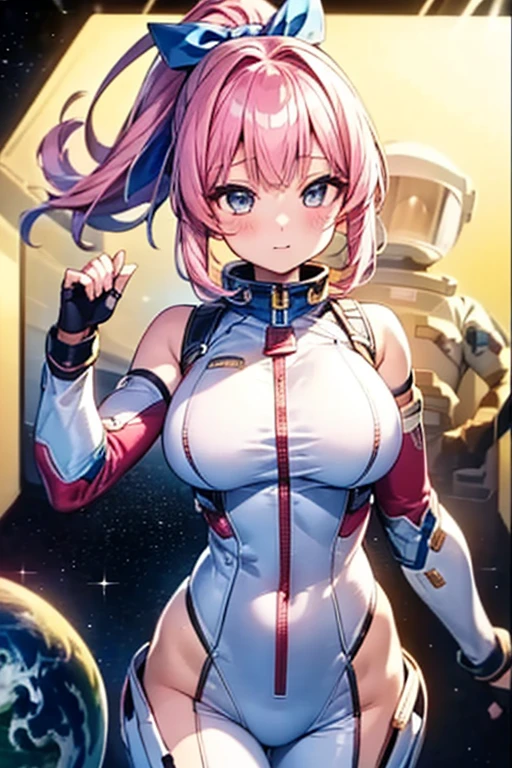(((masterpiece)))、(((Top image quality)))、(((top-quality)))、((Illustration of one adult))、full bodyesbian、((25-years old))、((25-years old))、(((The face is a woman、The body is a man)))、(((Twintails with pink hair)))、Light gray eyes、((Tall))、((Muscular strong man's body))、((Muscular strong man's body))、((muscular chest plate))、abdominals、((muscular and thick arms))、((muscular and thick legs))、((manspreading))、opening legs、(((White pilot suit)))、((Inside the cockpit))、(The Universe on the Monitor、Earth seen from space、Spaceport)
