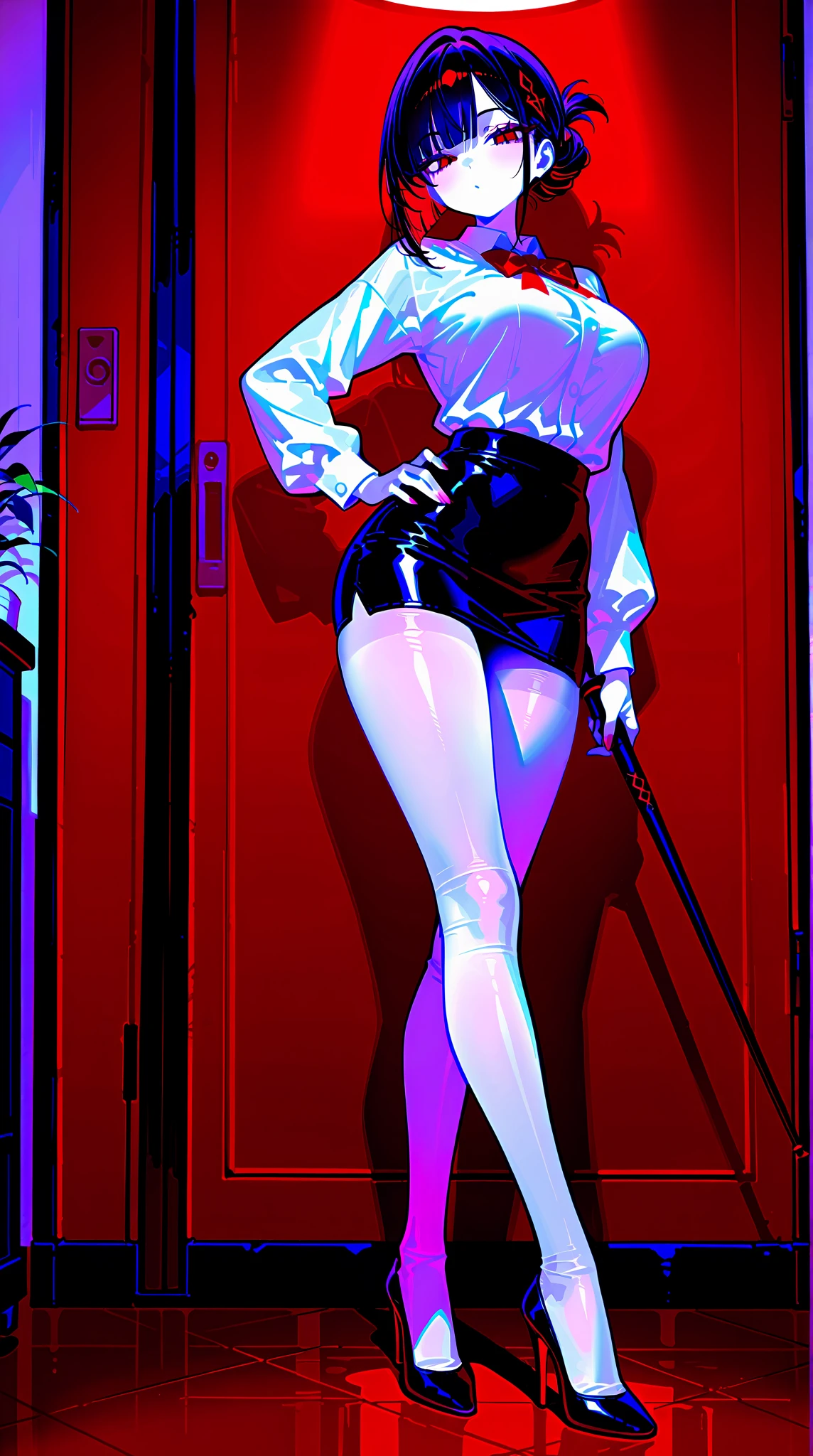 A pale beauty sits demurely on a shiny black tile floor, surrounded by suited gentlemen. Her beige hair falls in soft waves around her heart-shaped face. A cream-colored blouse hangs loose, its folds spilling over her knees like a gentle waterfall. Dark red latex stockings and gloves stretch taut against her legs, the reflective sheen drawing attention to her slender frame. Black stilettos elongate her legs, making her appear statuesque. The men standing around her wear elegant red dress shoes, their eyes fixed on her as she sits serenely, her stuffed legs a subtle nod to her vulnerability.