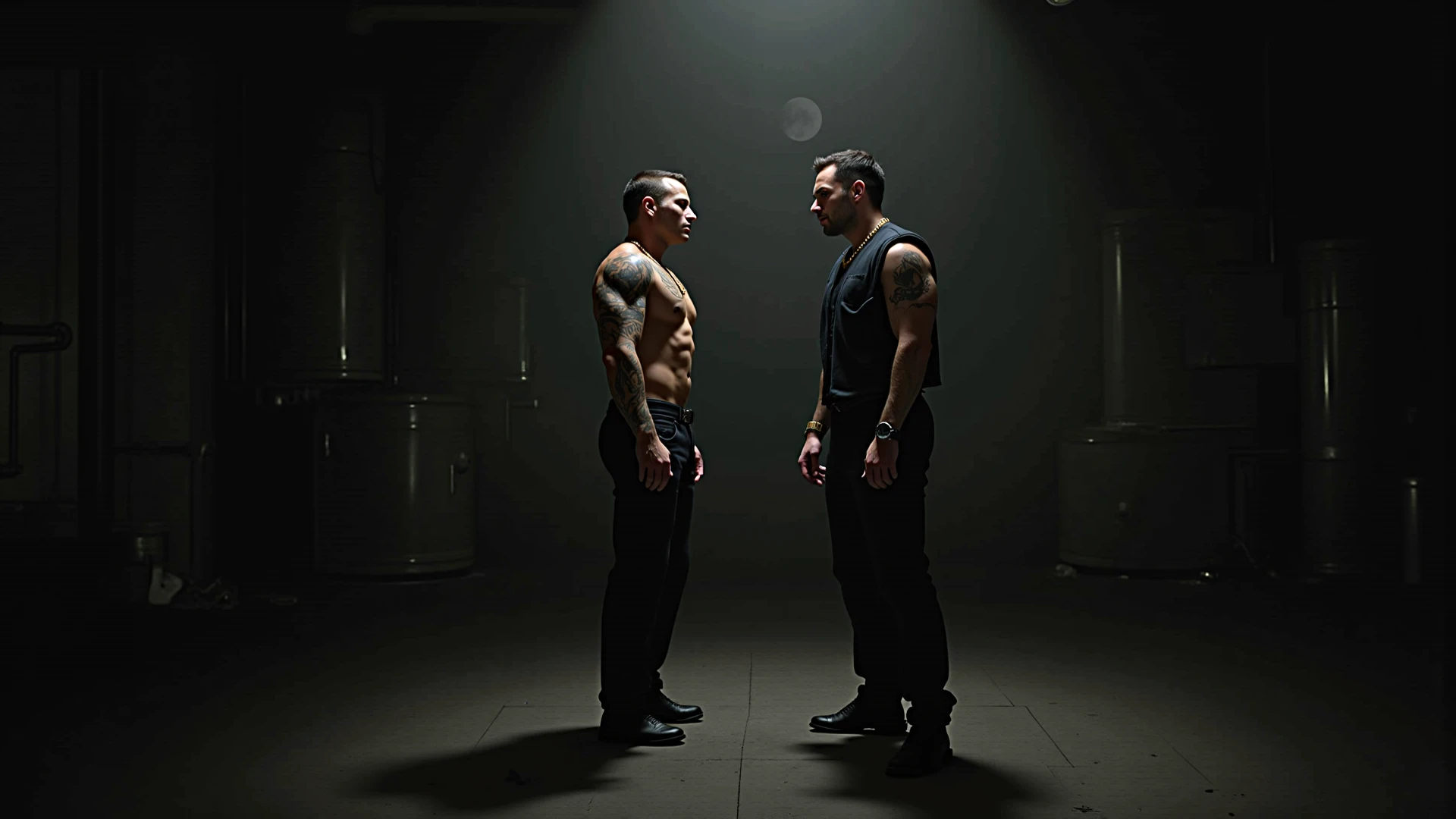 Two policemen in Tie it with a rope! Handcuffs! Only wear leather shorts!! Open bulletproof vest. Kneel down, armpit hair, prison, iron fence, iron chain  up a muscle thief without a coat, handsome, muscle, chest hair, gay art, Finnish Tom style, film texture, blurred background, close-up of the protagonist 
