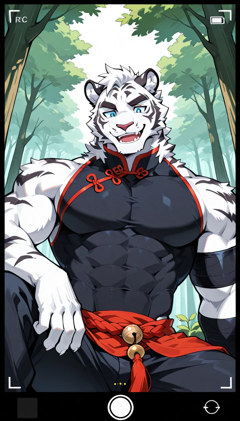 Kung Fu Panda cartoon, furry White Tiger, tall, fur white with black stripes, amber eyes, slender, handsome, extremely beautiful face, muscular body, six pack abs, gentle look, shirtless, wears red pants, brown belt, smile