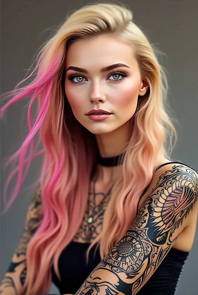An attractive woman with long, wavy blonde hair and a serious face, tattooed, jeans, pink blouse, hyper realistic absurd, raw-photo, 8K UltraHD, high qualiy, Film grain, (highly detailed skin:1.2)