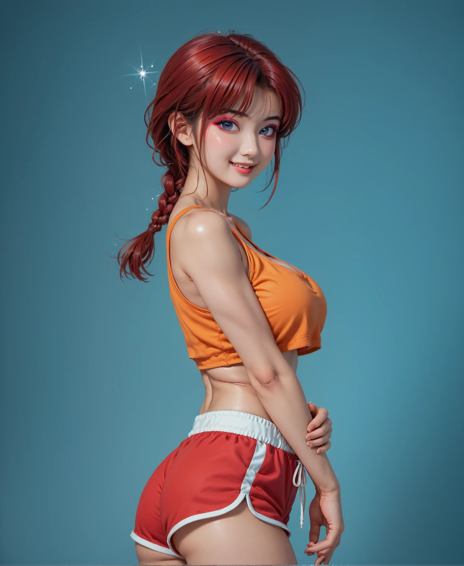 A very realistic photo of Ranma Chan: a beautiful young red-haired Asian or japanese girl and ager, she has white shiny skin, and a round face and soft cheeks without makeup, with a cheerful and friendly expression. She has large blue eyes with a sparkle that accentuates her expressiveness; tender and naughty. She has subtle eyeshadow and eyeliner makeup, and her mouth is slightly open in a flirtatious smile. She has deep red hair with a glossy finish, giving it a very silky and radiant appearance. The hairstyle consists of voluminous bangs that cover her entire forehead and fall in thick strands over her forehead to her eyes, and she has a single small thick braid that falls behind her neck starting at the nape of her neck. She is wearing a small orange sleeveless crop top; her shirt is very short and ends just below her bust, leaving her abdomen exposed. The top is somewhat tight and low-cut, highlighting the shape and silhouette of her big breasts. She is wearing ultra short purple sports-style shorts with yellow piping. Showing off her long, well-defined legs, she adopts a relaxed but slightly streamlined pose. She appears to be Ranma Saotome in his female form, with a shapely and voluptuous body. Her body has a narrow, feminine waist, but with wide hips and large buttocks. The portrait of a beautiful young Asian woman, photorealistic, HDR and ultra-detailed with vivid colors, The skin texture is realistic and delicate, and her facial features are beautiful and detailed, her body is toned and athletic.