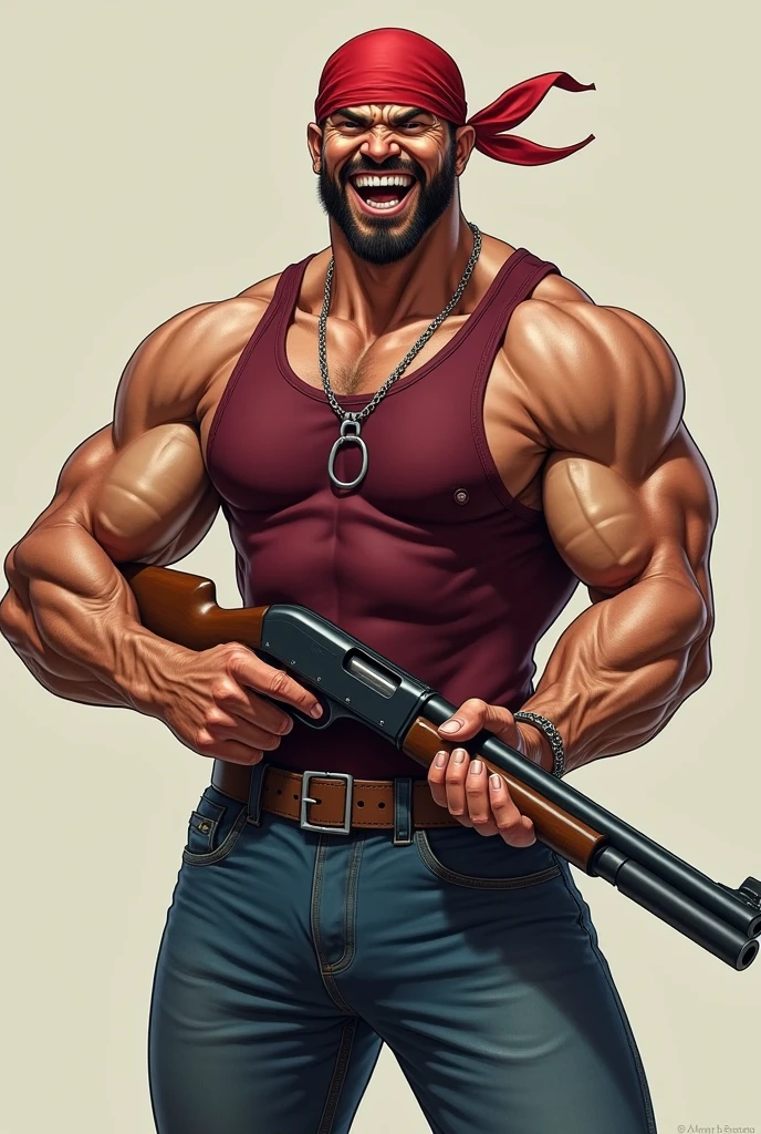 GYM guy holding gun on left shoulder full abs good shoulder cuts and face like hulk animated full image like real person 
