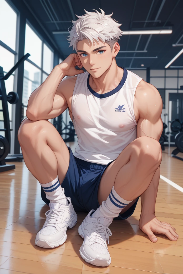 (absurdres, highres, ultra detailed),((masterpiece)), ((best quality:1.1)), High Resolution, 8k,1gay, (crotch bulge:1.1), shaded face, (white crew socks:1.1), (white ribbed socks:1.2), no-show socks, invisible socks, toes under socks, shorts,seamless socks, (puffy, (from below:1.1),
 blue eyes, looking at viewer, short hair, facial, hand on knee, athlete, topless, shirtless, white underwear, muscle, sexy masculine, wet body, all body, necked,
seat on school staircase steps,anime style, indoors,  look