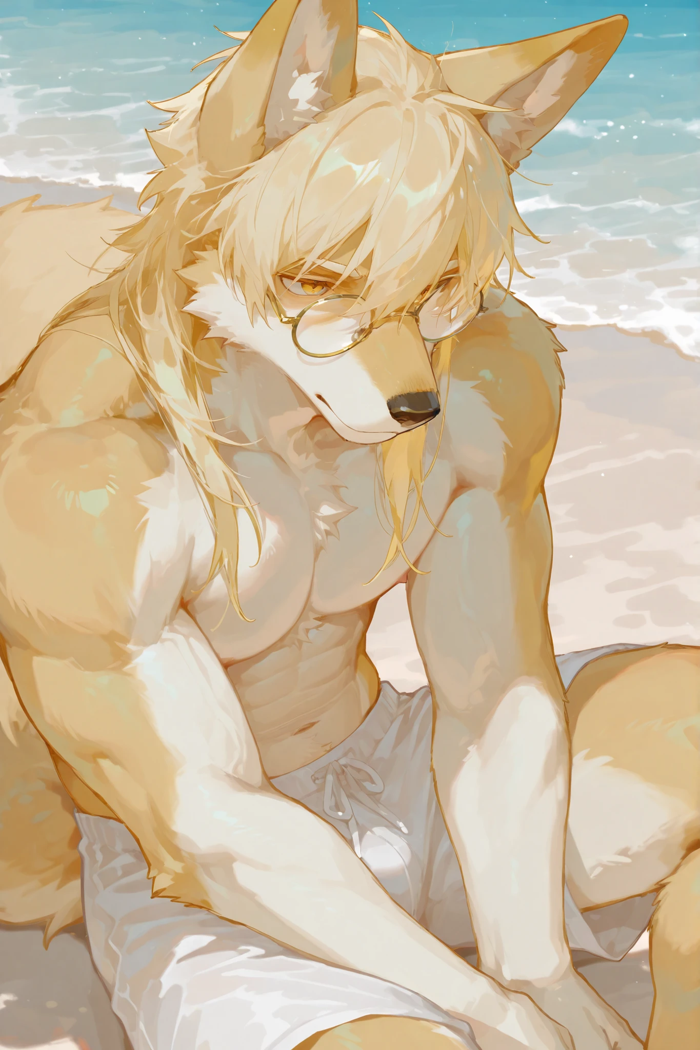 furry male, (alone)，fox orc，light golden fur，white body，golden eyes， light blond hair ， light blond hair ，Round glasses，strong，Fox boy，sits on the beach， white swimming trunks，