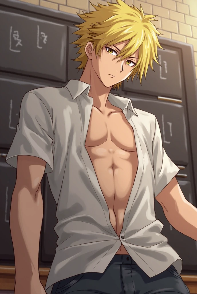 Ultra HD, Super quality, masterpiece, no underwear, blonde short hair, 17 old a boy, solo gay boy, Gay Hentai Anime, Nice body, ((Beautiful anime boy face:1.3)), alone bedroom, full body, sexy body, micro leather shorts, crotch emphasis, sweet, prostitute boy, blushing and smile face, Upper body naked