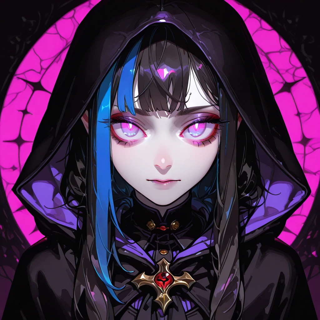 1girl, (masterpiece, best quality), expressive eyes, perfect face, long black hair, purple eyes, magic aura, glowing eyes, (anime), black veil, death magic, holding a black skull
