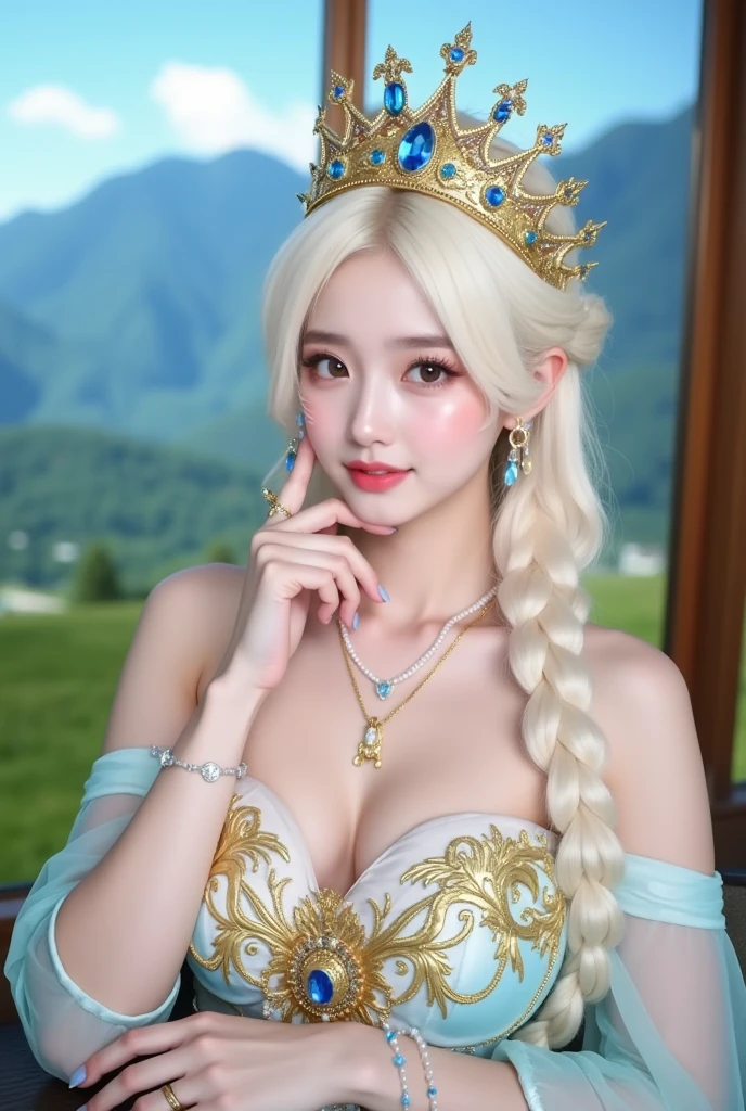 1 Girl, Beautiful, Baby Face, 20 Years Old, White Skin, Colossal Chest, Sleeveless, Cleavage, She is Princess of Asgard Cosplay Costumes, Primcess Cloak, Home Outdoor Background, Silver Straight Hair, ((adorable:1.3)), ((masterpiece:1.1))
