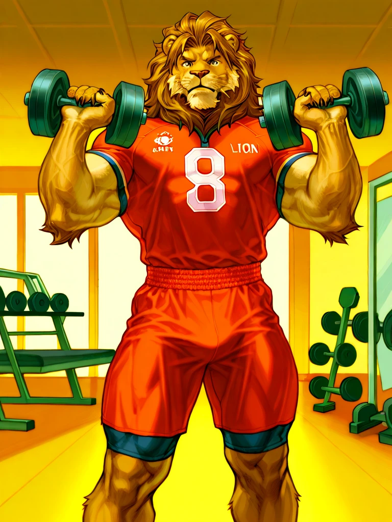 "A realistic, roaring yellow lion with an open mouth, muscular build, and yellow mane. The lion has an uncovered torso, wears black shorts, and is barefoot. It is posed in a profile stance with one leg bent. The lion holds a barbell with three black weight plates on each side raised above its head with both arms. Around its neck, it wears a gold medal with a red ribbon, and a three-pointed crown rests on its head."