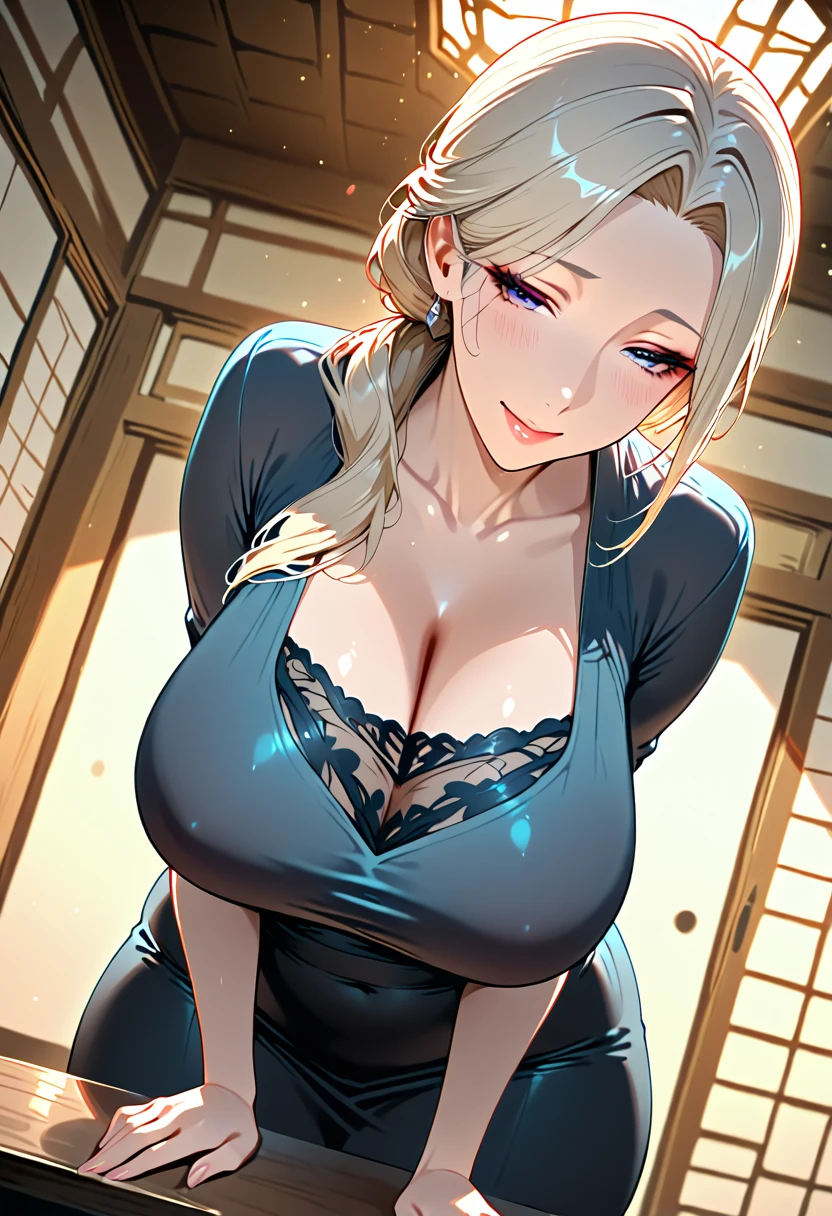 (masterpiece, best quality:1.2), (high resolution, 8K RAW photo, photo realistics, clear focus), (natural lighting, textile shading), pov, solo focus, full body, 1 matured woman, 28 years old, (milf:1.5), raised sexy, New Year's visit, put your hand together, praying for future, smile, light Purple hair, medium long hair, hair over one eye, asymmetric hair, half updo hair, wavy hair, blue eyes, japanese clothes, kimono, at ZEN garden in Japanese temple, in front of torii gate, in spring,depth of field, bokeh, dynamic angle, from side above, (correct anatomy, ideal ratio of body proportions), in a night, under starry sky,