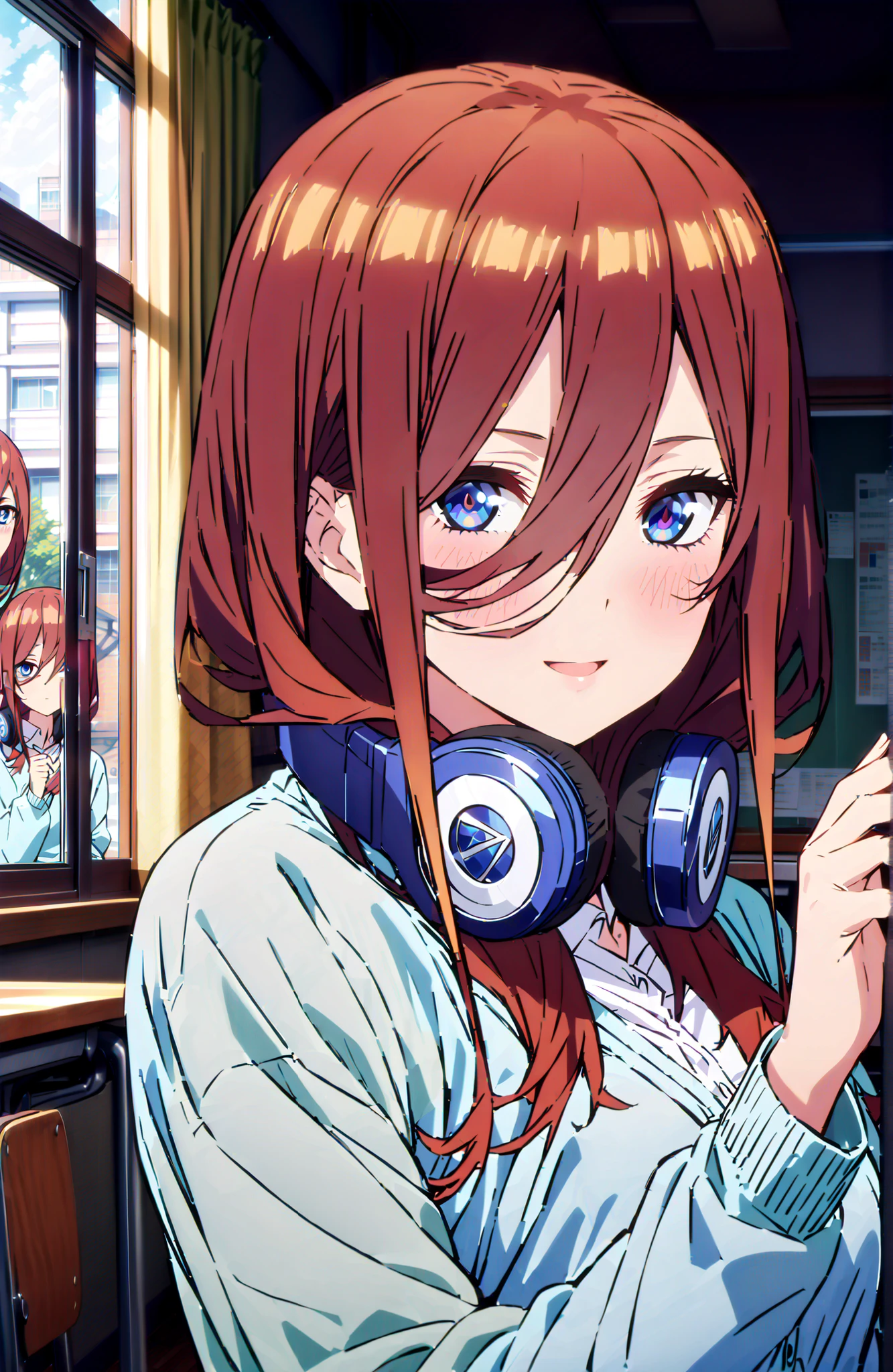 Nakano Miku, long hair, bungs, blue eyes, brown hair, shirt, hair between eyes, headphones, cardigan, headphones around neck,smile,blush,open your mouth,
in their 40s skirt, shirt, long sleeve, white shirt, pantyhose that define Selena, pleated skirt, black pantyhose that define Selena, cardigan, Green Skirt, blue cardigan,standing,Holding a blue bouquet with both hands,curtains,window,machine,chairs, Flower blowing snow,
in their 40s indoors, Classroom,
in their 40s looking at viewer, full body,
in their 40s (masterpiece:1.2), Highest Quality, high resolution, Unity 8k Wallpaper, (Illustrations:0.8), (beautifully detailed eyes:1.6), very detailed face, perfect lighting, very detailed CG, (perfect hand in h, perfect anatomy),