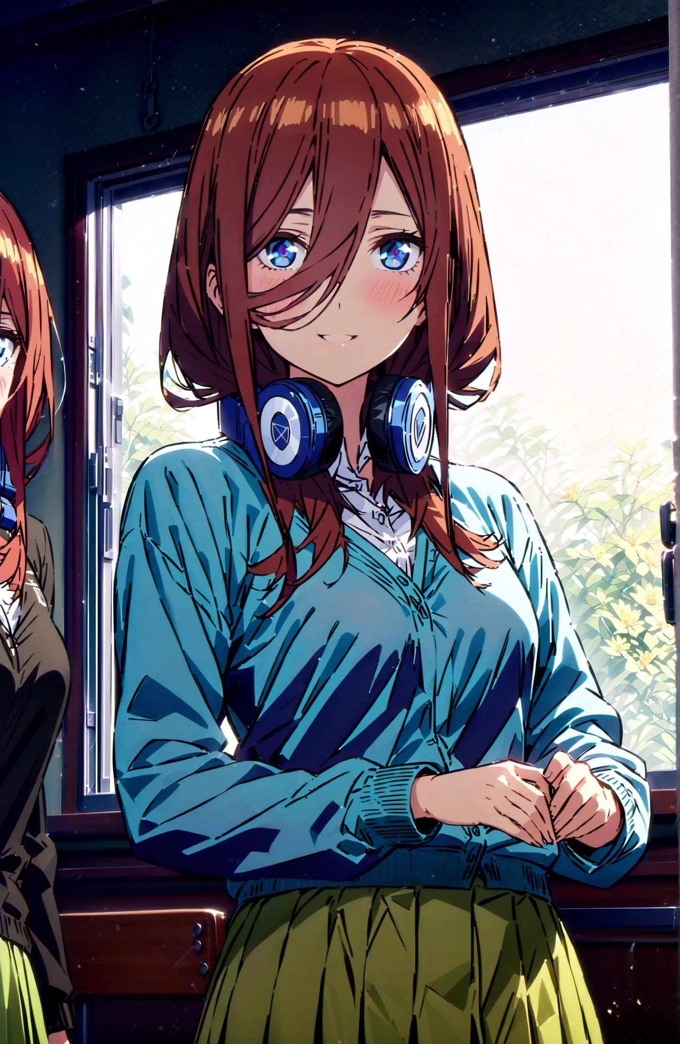 Nakano Miku, long hair, bungs, blue eyes, brown hair, shirt, hair between eyes, headphones, cardigan, headphones around neck,smile,blush,open your mouth,
in their 40s skirt, shirt, long sleeve, white shirt, pantyhose that define Selena, pleated skirt, black pantyhose that define Selena, cardigan, Green Skirt, blue cardigan,standing,Holding a blue bouquet with both hands,curtains,window,machine,chairs, Flower blowing snow,
in their 40s indoors, Classroom,
in their 40s looking at viewer, full body,
in their 40s (masterpiece:1.2), Highest Quality, high resolution, Unity 8k Wallpaper, (Illustrations:0.8), (beautifully detailed eyes:1.6), very detailed face, perfect lighting, very detailed CG, (perfect hand in h, perfect anatomy),