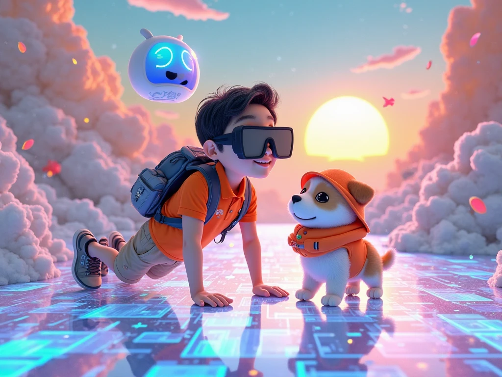 an animated bear, Encouraging children in walking rehabilitation with virtual reality glasses