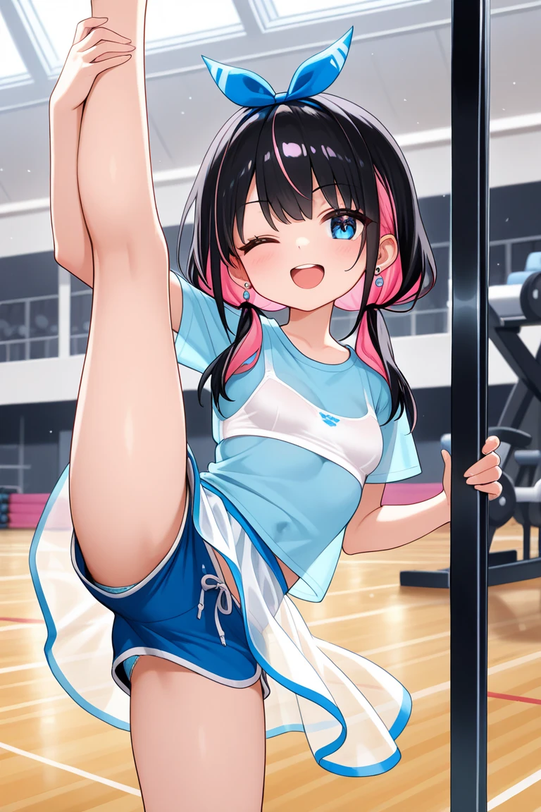 2人の女の子(,young girl ,short stature,gyaru)) ,flat chest,nsfw,,,big head、black hair,long hair,.cheerleader,stand,lift skirt.shy, sexual ecstasy, blush,striped panty