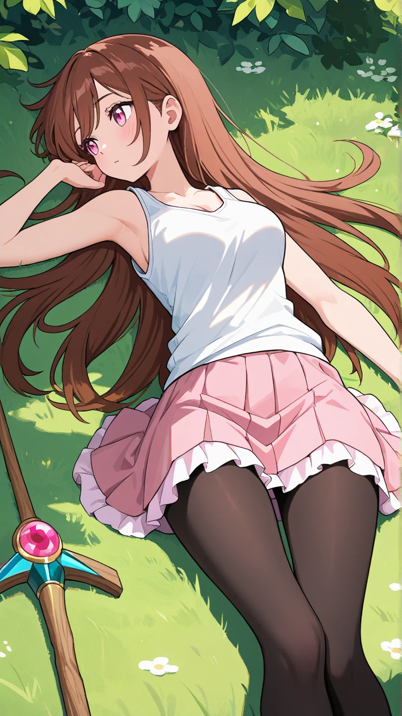 masterpiece, best quality, 1girl, (petite), <lora:ItsukiNakano:1>, (Itsuki), (star hair ornaments), (red cardigan vest), (green skirt), (microskirt), (panties), (micro panties), (highleg panties), (pink panties), (strong thighs), thigh strap, sitting, (reclining), (outstretched legs), (outdoors), (picnic), (cherry blooms)<lora:add_detail:0.5>