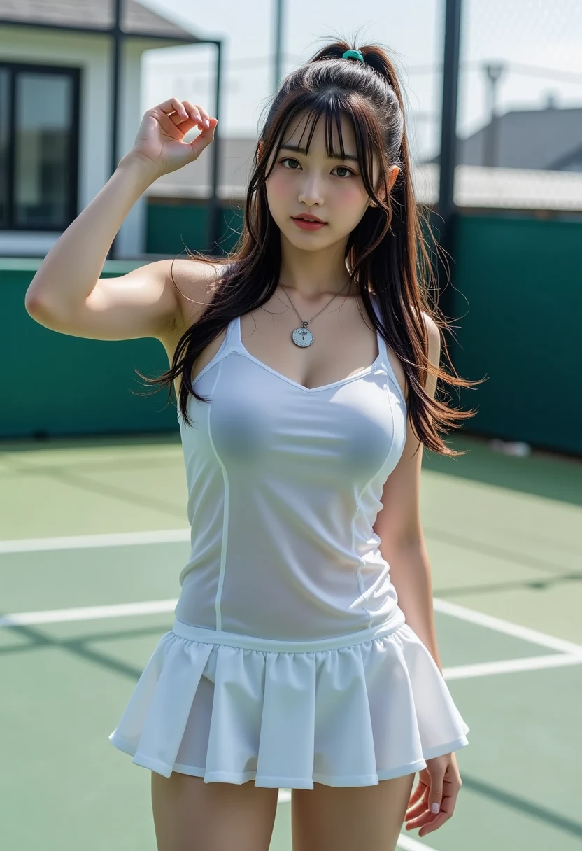masterpiece, best quality, illustration, Super detailed, fine details, High resolution, 8K,wall paper, perfect dynamic composition, front view, standing, 18 year old girl, tennis player, Gravure Idol, cute type, (Details High quality, realistic depiction of eyes:1.3), (Colossal tits:1.2), expresses the roundness and softness of your chest., low ponytail, bangs, black hair color, Dark makeup, Big Natural Color Lip, thick thighs, perfect body shape, plump figure, large hips, beautiful clavicle, white tennis uniform, short sleeve, shirt, skirt, socks, tennis shoes, depth of fields, natural lighting