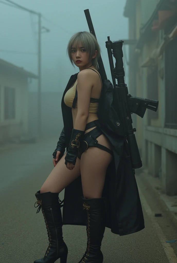 1girl, (Blue Eyes), angry face, (Sana Minatozaki), wide hips, Big Boobs, big ass, (Best Quality, 8k, Masterpiece: 1.3), Clear Focus: 1.2, Perfect Body Beauty: 1.4, Slender Abs: 1.2, Highly detailed face and skin texture, detailed eyes, double eyelids, red lips, (blonde long hair), (high waist thong), (black bikini and military combat jacket :1.3), combat boots, (harness and belt), (post apocalyptic landscape :1.3), field