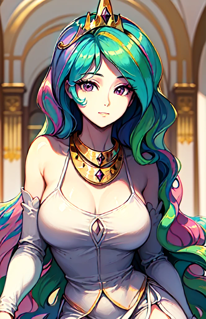 princess_celestia wearing a tunic,regalia,crown,scene is luxurious palace hall,(hair over one eye, one eye covered),<lora:celestia:1>,masterpiece,best quality,sitting down, looking at you,