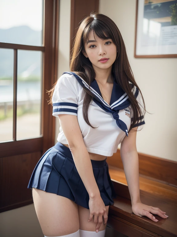 (((Perfect Anatomy、Anatomically correct、Ultra-dense skin)))、Shiny skin、Watching the viewer、((Back view、From below))、Beautiful Hair、Beautiful Face、Fine and beautiful eyes、(blue eyes、Baby Face、Mole under the eye、Beautiful clavicle、Beautiful body、Beautiful breasts、Camel Toe、((Short sleeve、Cute sailor uniforms, all in navy blue、Dark navy pleated skirt、Navy blue sailor color、Sailor scarf、socks、Brown Loafers))、誘惑的なThighs、(Red Slave Collar)、((Embarrassing、was scary、sad、Half mouth))、standing、(((Leaning forward)、take off your clothes、Raise one leg、Pulling on white panties))、(Beautiful Landscape)、summer、School、locker room、8K、Highest quality、masterpiece:1.2、Very detailed)、(Real)、Beautiful illustrations、Natural light、whole body、Red lipstick、Thighs、Long legs、