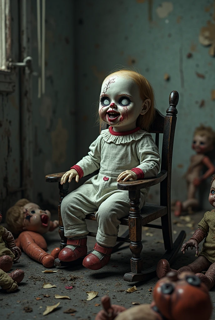 Scary child with bloody clothes holding a torn doll In the dark