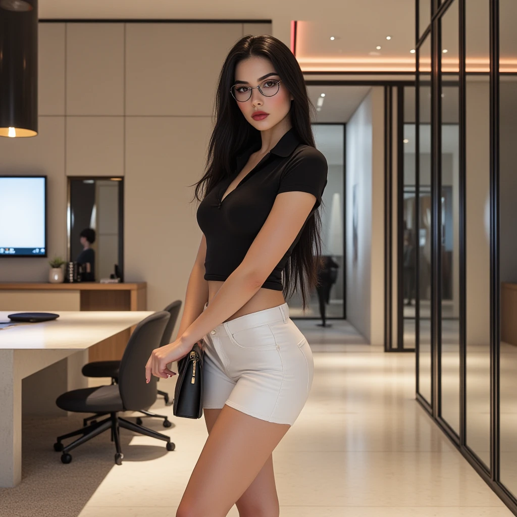 headshot, 1girl, beautiful,Sitting in a ((office)), BREAK Black shirt with sleeves up to the elbow,(Shorts) , black pants, BREAK small breasts, long straight hair, pale skin, fair skin, white skin, BREAK