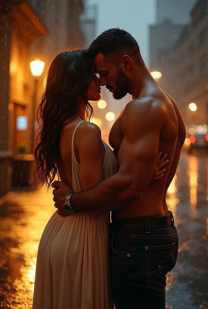 A masculine man and a girl, standing under rain, engulfing eachothers in arms, forehead touching girl wearing read off shoulder dress, man wearing black shirt sticking to his musluar arms. deserted Road Background
