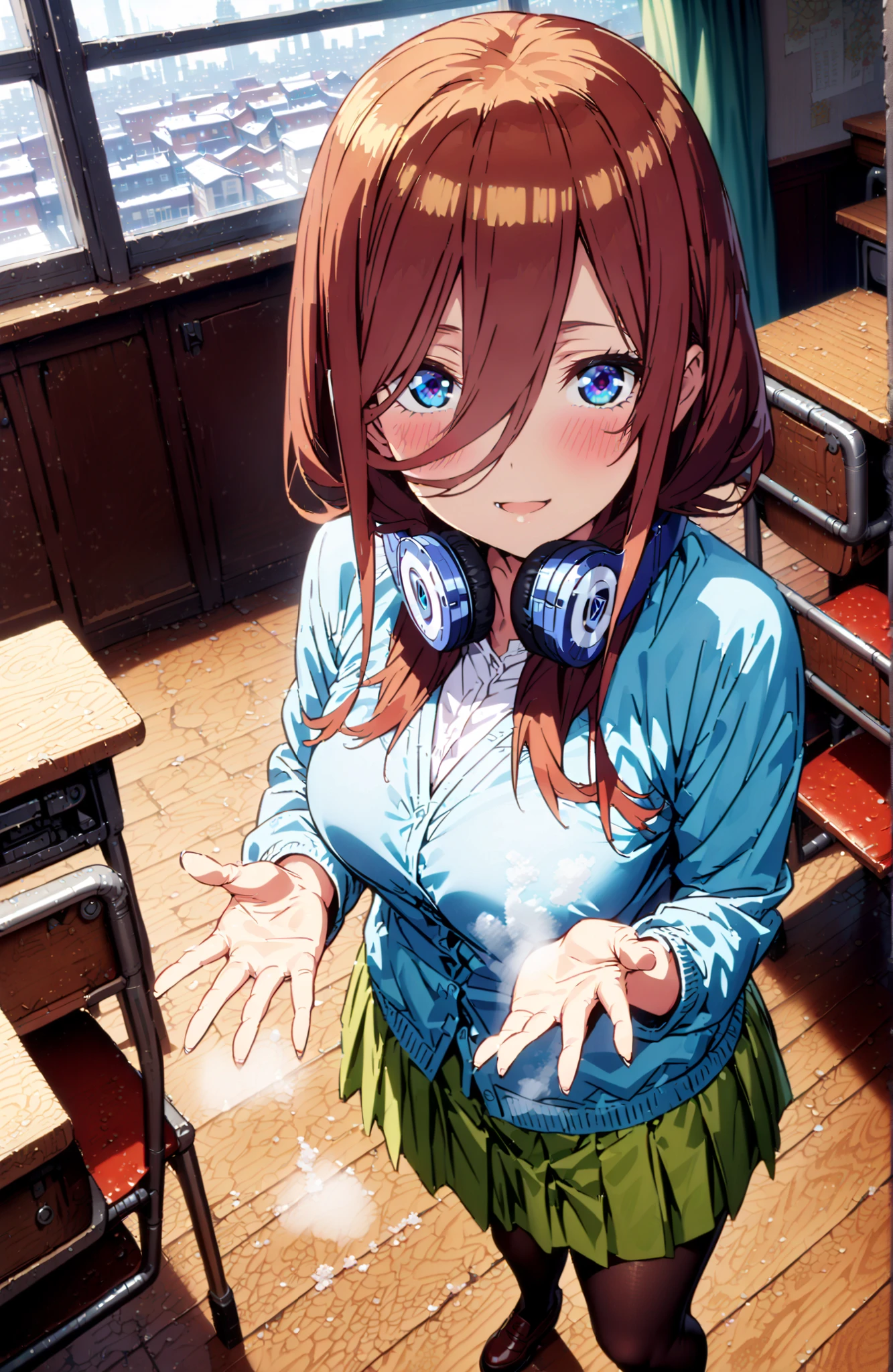 Nakano Miku, long hair, bungs, blue eyes, brown hair, hair between eyes, headphones, headphones around neck,smile,blush,open your mouth,
in their 40s skirt, shirt, long sleeve, white shirt, pleated skirt, black pantyhose, Green Skirt, blue cardigan,standing,Holding a blue bouquet with both hands,curtains,window,machine,chairs, Flower blowing snow,
in their 40s indoors, Classroom,
in their 40s looking at viewer, full body,
in their 40s (masterpiece:1.2), Highest Quality, high resolution, Unity 8k Wallpaper, (Illustrations:0.8), (beautifully detailed eyes:1.6), very detailed face, perfect lighting, very detailed CG, (perfect hand in h, perfect anatomy),