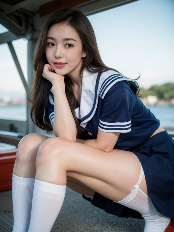 Late at night,Camera shooting,Vision,Full body photography,Full body photo,High resolution,Extremely detailed,16k,One person girl,Long brown hair,Long Hair Shawl,Brighten face,emphasize,Exquisite and perfect facial features,With a round face,The big adorable eyes of a lying silkworm,Extremely precise body structure,(Sailor suit:1.25),((Pleated skirt)),(Black pantyhose covering the entire leg:1.2),(Detail Makeup:1.2):0.2,RAW Photoasterpiece),(highest quality),skyscraper,(Photorealistic,Like the picture:1.2)),Super detailed,Physically Based Rendering,One girl,Air Van,Long white hair,Wavy Hair,socks,White backgroundの壁,White background,Late at night,Beachside、((Sexual seduction pose:1.5))、((Panties:1.5))、