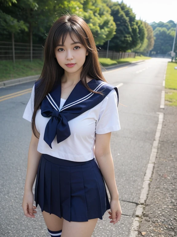 (Junior high school girls walking on the streets of Tokyo:1.2、blue sky)、((school uniform、White blouse、(Checkered pleated skirt)、Navy blue socks、loafers)、(Sports Bags、The strap of the bag passes between the chest、paisla:1.5)、the wind is strong、(Realistic、Like a photograph、Live Action、8k, Realistic, RAW Photos, Best image quality: 1.4), Single-lens reflex camera、RAW Photos, Highest quality, Realistic, Highly detailed CG Unity 8k wallpaper, Written boundary depth, Cinematic Light, Lens flare, Ray Tracing, Realistic background、((Ultra-Dense Skin))、 A 14-year-old girl on her way to school,cute Japanese、(whole body:1.5)、Very detailedな顔，avert your eyes:1.1、(Long Hair:1.2、My hair is blowing in the wind:1.4)、I like that style、stylish、Very detailed、Pay attention to the details、Perfect outfit、(Sunburned skin)、View from above、Accurate hands、Accurate legs、Detailed hands and fingers、Anatomically correct body、Thin legs、Thin thighs、Big breasts