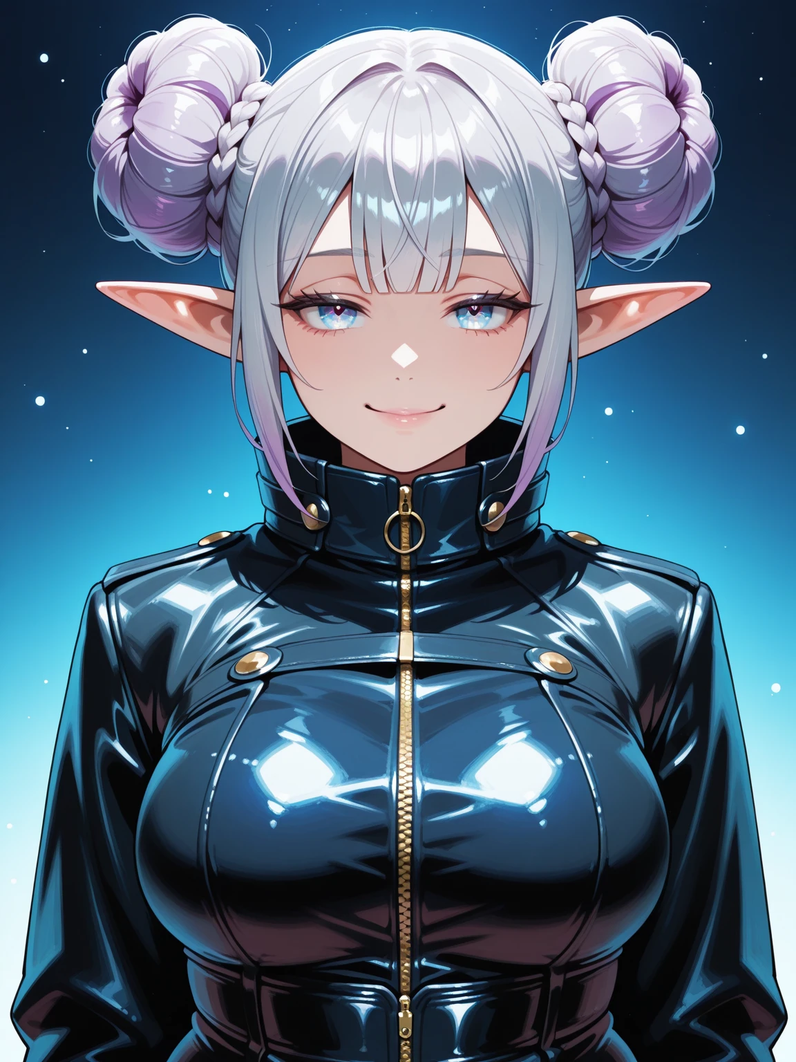 An elf woman, very black tanned skin, beautiful silver hair, pointed ears, beautiful red eyes, thick pink lips, ponytail, shiny black rubber suit, beautiful body line, upper body description, dear smile, open lips, close-up, 8K, night, pitch-black skyscraper rooftop, starry sky,