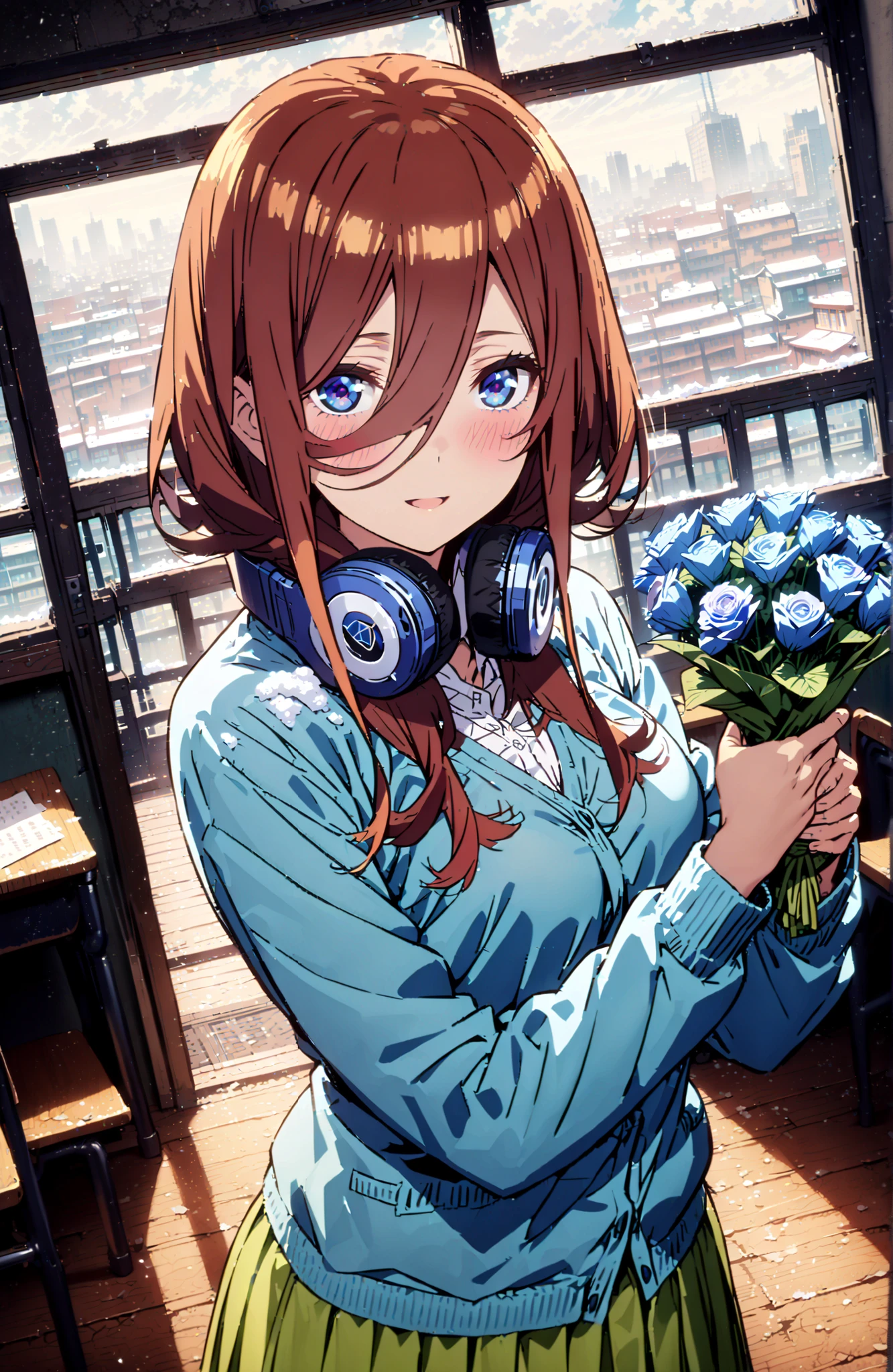 Nakano Miku, long hair, bungs, blue eyes, brown hair, hair between eyes, headphones, headphones around neck,smile,blush,open your mouth,
in their 40s skirt, shirt, long sleeve, white shirt, pleated skirt, black pantyhose, Green Skirt, blue cardigan,standing,Holding a blue bouquet with both hands,curtains,window,machine,chairs, Flower blowing snow,
in their 40s indoors, Classroom,
in their 40s looking at viewer, full body,
in their 40s (masterpiece:1.2), Highest Quality, high resolution, Unity 8k Wallpaper, (Illustrations:0.8), (beautifully detailed eyes:1.6), very detailed face, perfect lighting, very detailed CG, (perfect hand in h, perfect anatomy),
