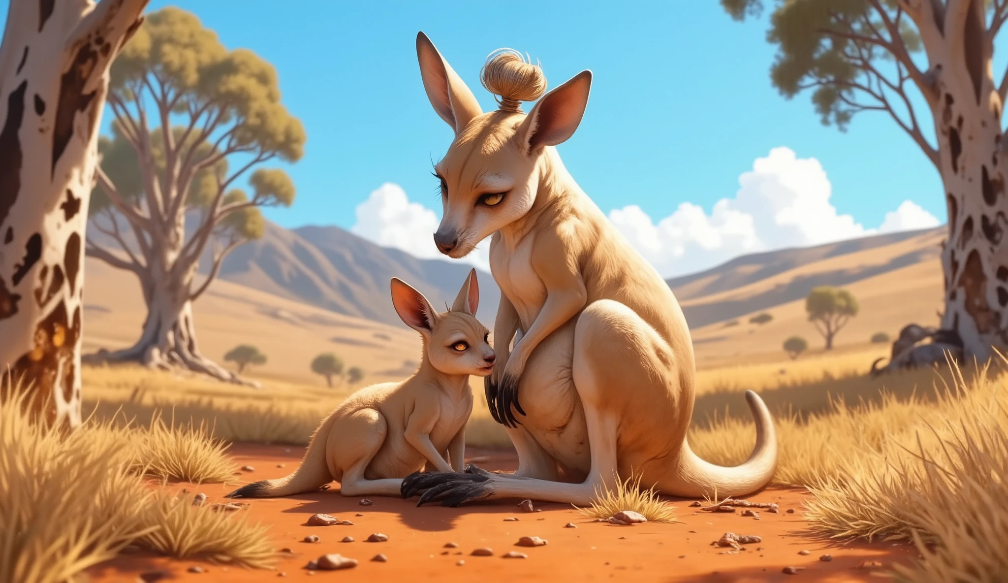 Kangaroo with a Half-Up Top Knot – In the Australian outback, a kangaroo mom keeps an eye on her joey, her short fur styled into a half-up top knot.