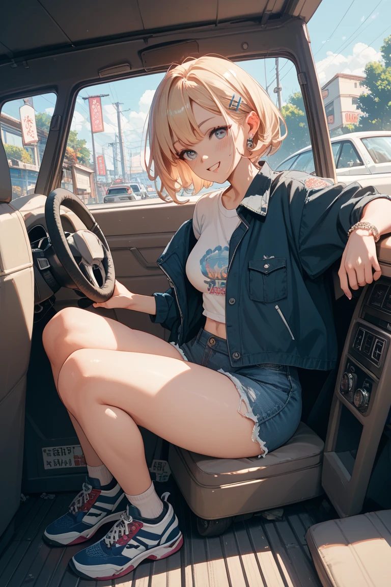(child)，（​masterpiece，Highest Quality），（denim zip up dress:1.4），A-Line Dress，shortsleeves，A dark-haired，outside of house