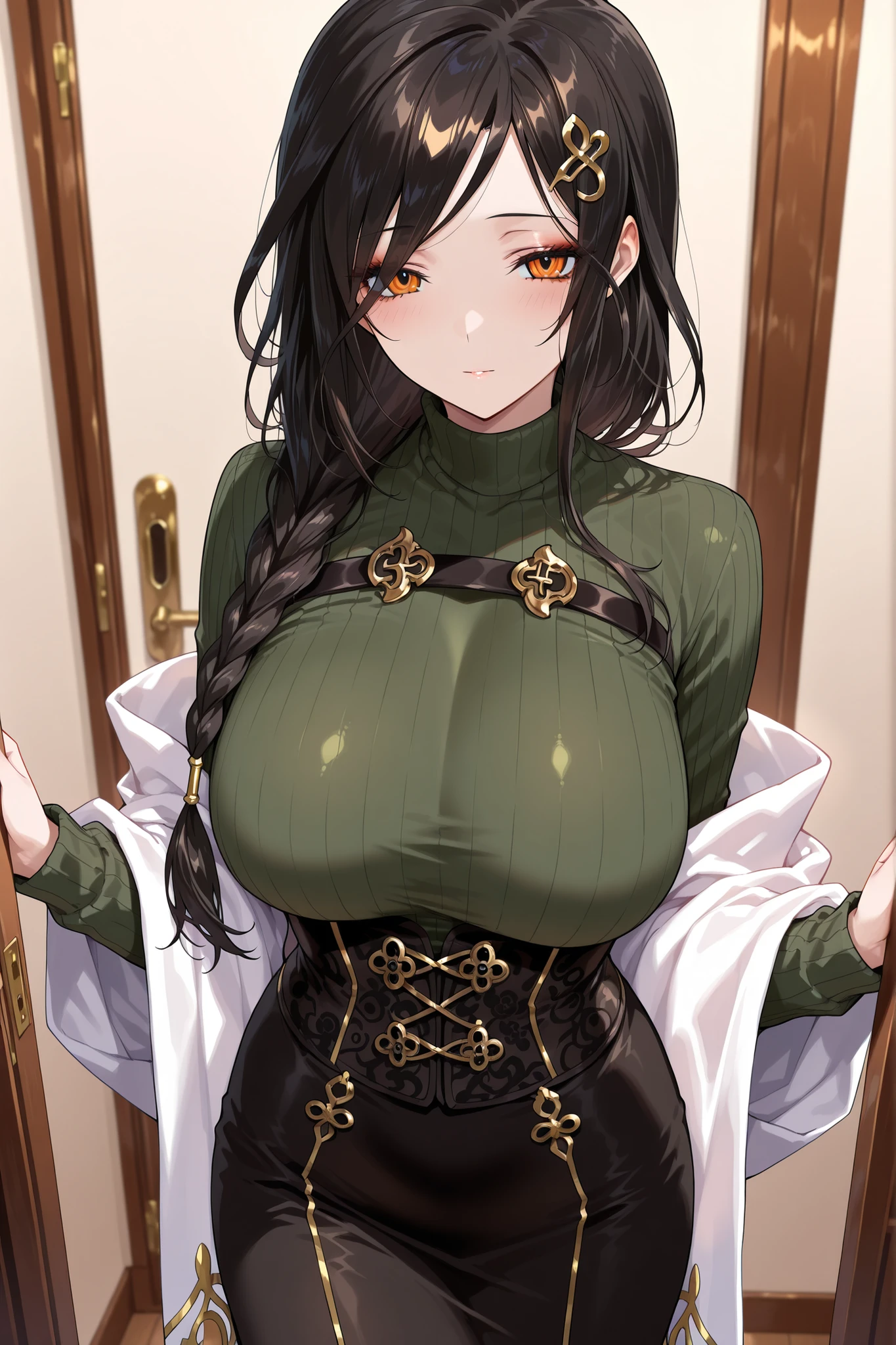 masterpiece,best quality, amazing quality, highres, absurdres, very aesthetic, high resolution, ultra detailed, perfect details,nijitomoe,large breasts,orange eyes,black hair,makeup,long hair,single braid,hair over sholuder,hair ornament,nijitomoecos,green sweater,ribbed sweater,long sleeves,gold trim,black corset,black skirt,long skirt,white shawl,