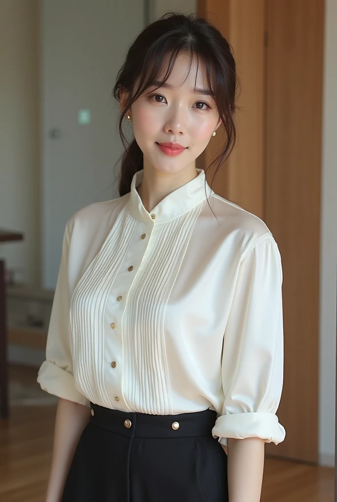 there is a woman Isabella Duvall (((with a white blouse and skirt))) with a very pretty face posing for a picture, beautiful face and flawless skin, woman with porcelain skin, young woman's face, young beautiful face, youthful face, prominent cheekbones, beautiful face woman, beautiful delicate face, smooth facial features, beautiful young face, young female face, smooth porcelain skin, beautiful fine face features, young beautiful woman, (((black bob hair, grey eyes))), overbite, french girl, white gold earrings, grin, feminine curves
