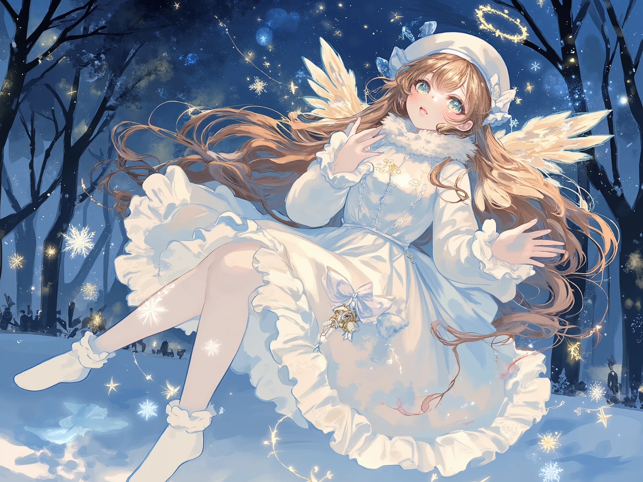 1girl, wheat-colored hair, light brown hair, long hair, Straight bangs, chest-length hair, round eyes, light green eyes, flying gently in the winter night sky, wearing a white and pastel winter dress with soft fur trim, frilled details, a matching beret on her head, and delicate embroidery, small angelic wings on her back, warm light surrounding her hands and body, glowing orbs and sparkles in the air, softly falling snow, magical and cozy atmosphere, soft warm lighting only near her, background is a quiet snowy park with dim blue tones, twinkling decorations hanging in the trees, motion as if floating midair, expressive eyes and dreamy expression