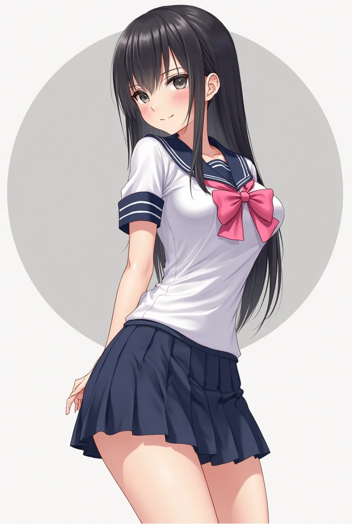 scowling face,cowboy shot,extremely thin legs,standing,spread legs,extremely young girl,extremely emaciated girl,front shot,flat chest,twin tails,black hair,white panty,navy hip length sailor uniform,navy long skirt,black knee socks,upskirt by her hand,panty shot,from below,ground level shot