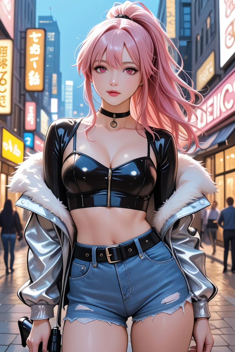 (Masterpiece, BestQuality:1.3), (ultra detailed:1.2), (hyperrealistic:1.3), (RAW photo:1.2), High detail RAW color photo, professional photograph, (Photorealistic:1.4), (realistic:1.4), professional lighting, perfect anatomy, (Big Breasts:1.2), (blush, detailed face), (cheerful Smile:1.5), (Pink Hair:1.5), Trending Hair&Trending Hairカラーをランダムに, earrings, necklace, bracelet, sexly, erotic sexly, Random sexy gravure poses, (Wearing a tight leather skirt and a sheer blouse、A woman licking her lips and posing sexy against the backdrop of a city night view。: 1.3)