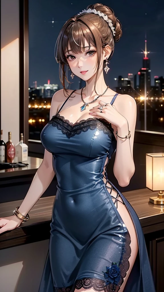 1girl, elegant erotic beautiful girl, big breasts, ((brown hair)), maxi dress, adultery, indecent, vulgar, Nakano Miku, intricate details, delicate facial features, beautiful blue eyes, ulzzang, long eyelashes, small nose, full lips, porcelain skin, natural lighting, warm color palette, chiaroscuro lighting, dramatic shadows, sensual, alluring, mature themes, artistic, dreamlike, ethereal, ((arms behind back)), sideboob, cleavage, looking at viewer, ulzzang, (blue eyes), headphones, thigh highs, sitting,