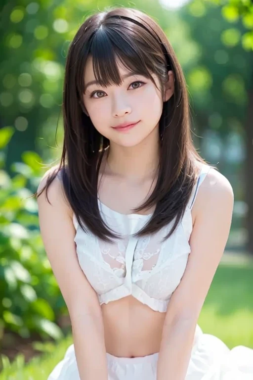 highest quality, High resolution, Realistic photo, Detailed skin texture, ((Cute 12 year old Japanese girl wearing a see-through short white camisole)), View your viewers, Slim figure, Attractive gaze, Fair skin, (Flat Chest:1.5), Straight long hair, (:1.2), In the park with cherry blossoms falling