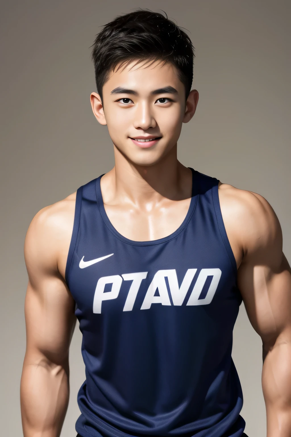 18-year-old male、Japanese、handsome、macho、athlete、Short Hair、facing the front、Navy tank top、smile