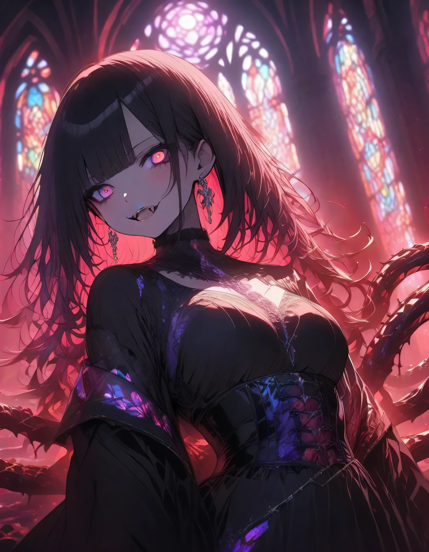 Masterpiece, Very detailed, Ultra-detailed, one tall beautiful woman, Masterpiece, Very detailed, Ultra-detailed, turning, long lovely black hair, bright pink eyes, long black dress, black bloody thorn crown, exhausted and somber look