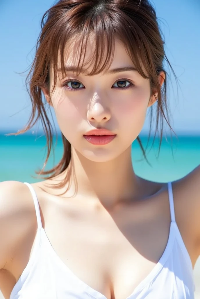 muste piece, highest quality, figure, super detailed, finely, High resolution, 8k wallpaper, 完璧なダイナミックな構figure, detailed and beautiful eyes, swimsuit, random cute hairstyles, medium breasts, natural color lip,beach, random cute poses,