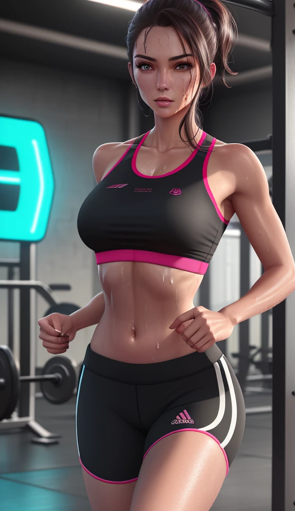 sports bra,stomach,thighs ,short shorts,navel ,fingerless gloves ,collarbone,

