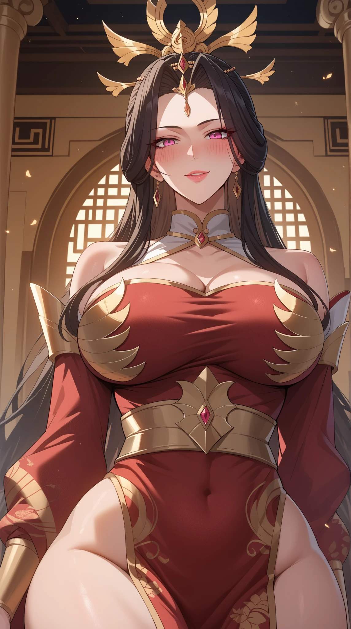 Lian, long black hair, hair stick, black clothes, bangs, violet eyes, solo, smiling, standing, upper body, hips, bare shoulders,purple thighhighs,red dress, gold jewelry,armor,gloves,circlet, cleavage, red and gold royal castle, gigantic breasts, (best quality, masterpiece, beautiful and aesthetic:1.2, highest detailed face, perfect face,)  eyes, perfect face,expressive eyes,
looking at viewer, in the center of the image,(Upper_body),(Focus on her face),
official art,extremely detailed CG unity 8k wallpaper, perfect lighting,Colorful, Bright_Front_face_Lighting,shiny skin, 
(masterpiece:1.0),(best_quality:1.0), ultra high res,4K,ultra-detailed
