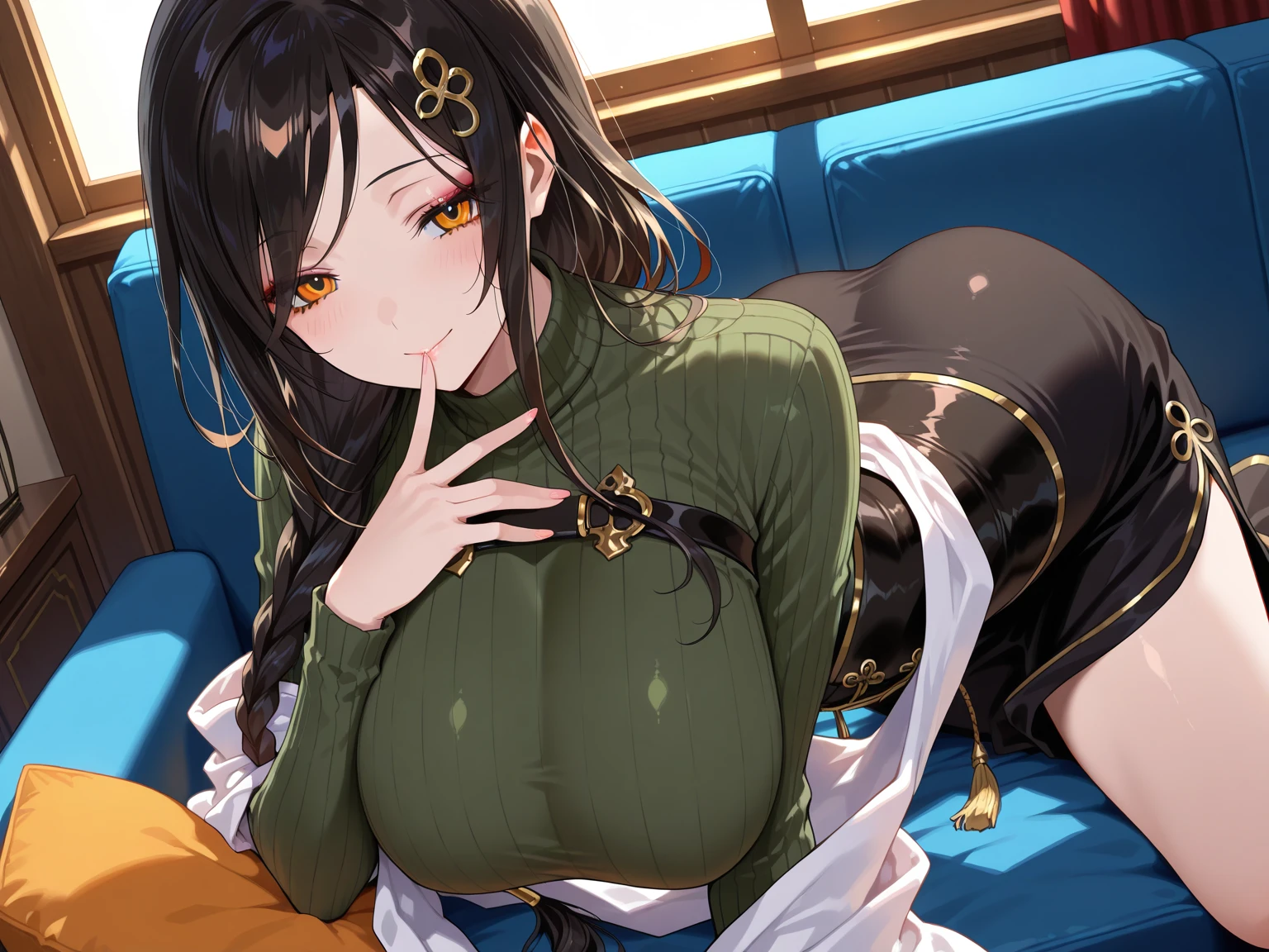 (1girl:1.3), Masterpiece, Best quality, amazing beauty, [[3D]], 4K, absurdres, finely detail, super detailed eye, perfect anatomy, official art, cinematic lighting, BREAK, Japanese bedroom, hair bun, black hair, super shiny detailed black eyes, big eyes, tareme, cute eyes, thin eyebrow, Staring, open-mouth, thin lips, smirk, mascara, rouge, Eyeliner, pink lips, smile, BREAK, huge breasts, tall, slim, tanlines, (lying on bed:1.3), shoot from above, BREAK ,(green kimono:1.2), Cleavage is visible, 35mm lens f/1