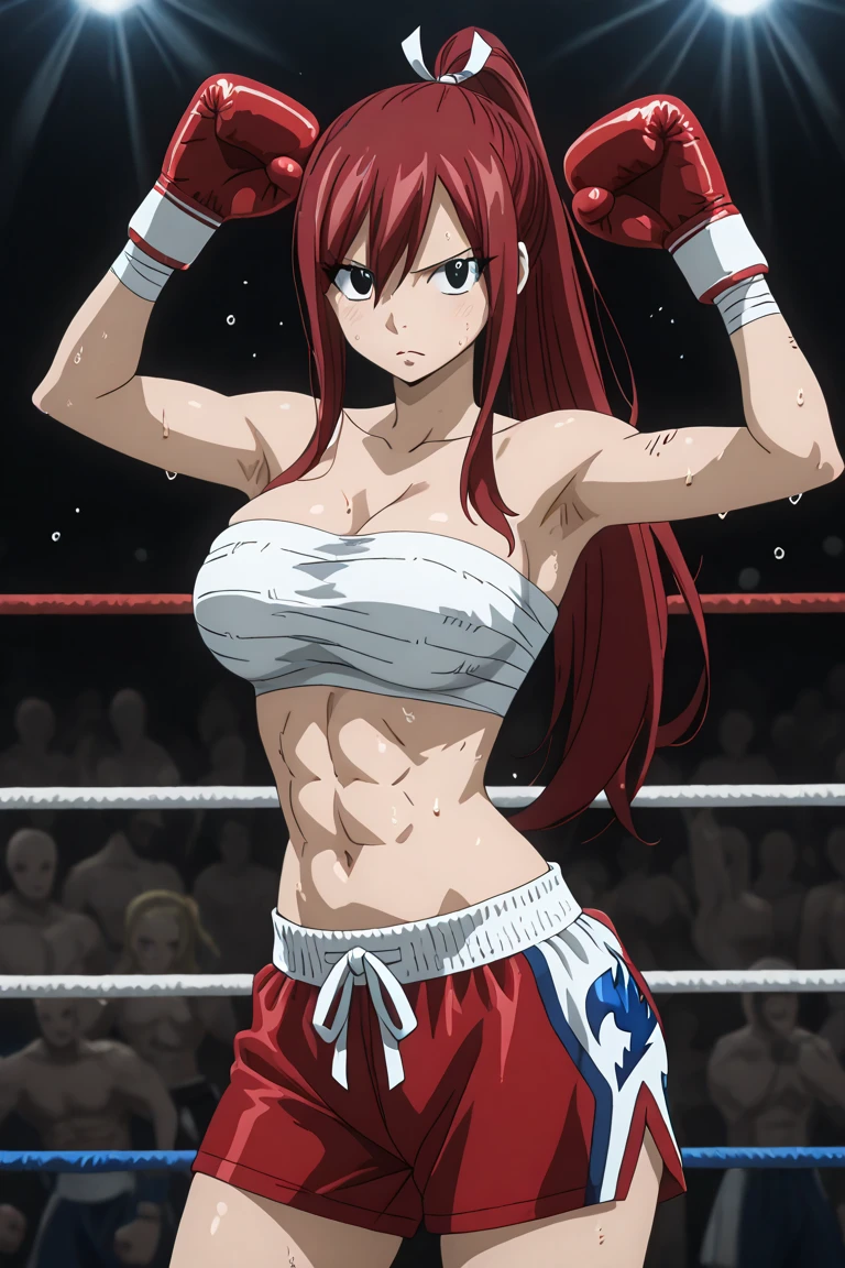 ((double bra, black bikini only, ((hands overhead, wrestling against a man)), very little biceps), (((very detailed wrestling ring with three wires, titration screen))), spotlights, please prioritize (best quality, 4k, 8k, highres, masterpiece:1.2), ultra-detailed, and (realistic, photorealistic, photo-realistic:1.37) rendering. ((looking at the viewer)), ((black bikini only)), groin, ultra detailed face, perfect anatomy, 8k, perfect body proportions, highest quality, 1girl, solo, happy, smile, ERZASCARLET, cleavage, off-shoulder, tall girl, (shiny hair), detailed red hair, (low ponytail, him cut), open mouth, very big eyes, long belly, wide shoulders, For the image quality, To enhance the visuals, add HDR, UHD, studio lighting, ultra-fine painting, sharp focus, physically based rendering, extreme detail description, professional, vivid colors, fingerless gloves, elbow pad, earring, diffusion