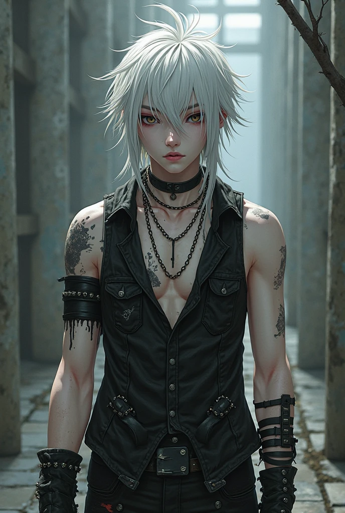 Young man, short silver-white hair, light blue eyes, unobstructed, ragged clothes, tattered clothes, dirty, gray-headed, collars, chains, iron cages, clothes full of holes, hands handcuffed, shackled, looking down, face red