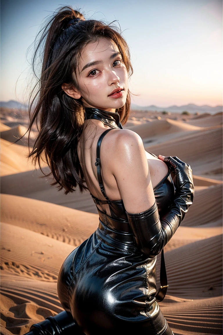(Full Body Portrait:1.4)、(Raising his arm to show his armpit：1.4)、(Ancient female warriors from another world、a muscular build、Six Pack Abs)、sweating、Revealing and dramatic leather warrior bodysuit、Hold a long sword、In the wilderness of another world、sand smoke、monster silhouette on background、(Correct Anatomy)、(Highest quality、4K、8K、High resolution、masterpiece：1.2)、Super detailed、(Real、Photorealistic、Photorealistic：1.37)、Dynamic action poses、Dynamic lighting、Cinematic composition、Highly detailed facial features、Highly detailed eyes and face、Long eyelashes、Chiaroscuro Lighting、Dramatic Shadows、Impressive color palette、Bright colors、