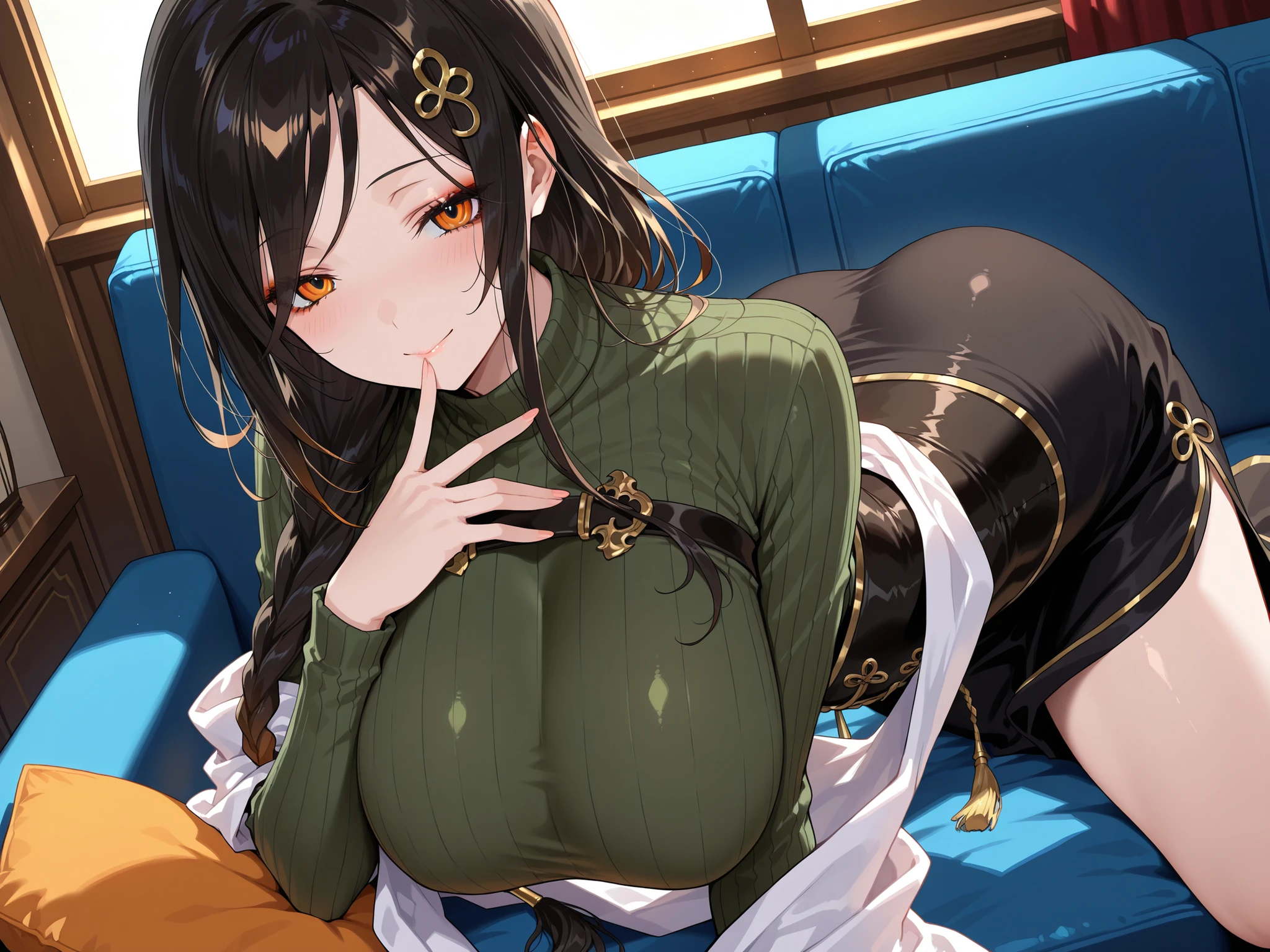 masterpiece,best quality, amazing quality, highres, absurdres, very aesthetic, high resolution, ultra detailed, perfect details,nijitomoe,large breasts,orange eyes,black hair,makeup,long hair,single braid,hair over sholuder,hair ornament,nijitomoecos,green sweater,ribbed sweater,long sleeves,gold trim,black corset,black skirt,long skirt,white shawl,